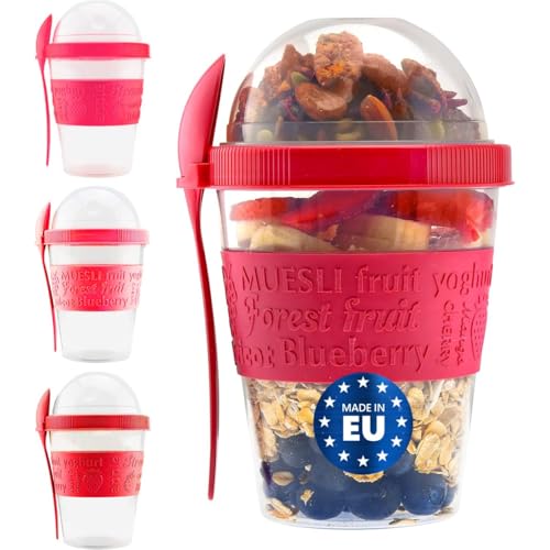 Tribello 20 OZ Overnight Oats Container With Lid, Set of 4 Crunch Cups To Go, Portable Parfait Cup With Compartments for Topping Cereal Or Oatmeal - Red - Image 1