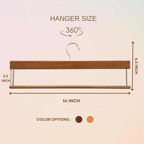 BLOOMAX® 6 Pcs Wooden Trouser Hangers – German Technique, Walnut Finish, 14-Inch Non-Slip Bar & 360° Swivel Hook (Made in India) - Image 2