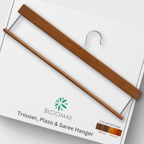 BLOOMAX® 6 Pcs Wooden Trouser Hangers – German Technique, Walnut Finish, 14-Inch Non-Slip Bar & 360° Swivel Hook (Made in India) - Image 1