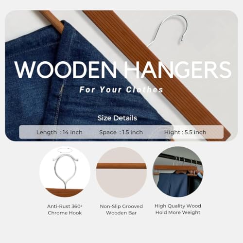 BLOOMAX® 6 Pcs Wooden Trouser Hangers – German Technique, Walnut Finish, 14-Inch Non-Slip Bar & 360° Swivel Hook (Made in India) - Image 3