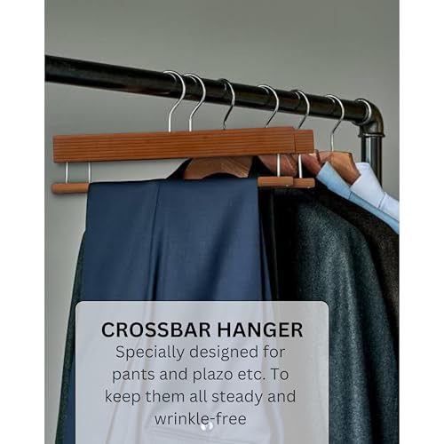 BLOOMAX® 6 Pcs Wooden Trouser Hangers – German Technique, Walnut Finish, 14-Inch Non-Slip Bar & 360° Swivel Hook (Made in India) - Image 5