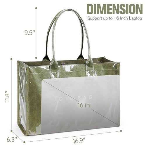 KALIDI FANCY FOREST KALIDI PVC Tote Bag Women’s Kraft Paper Work Handbags Purses with Top Handle,Dark Green - Image 2