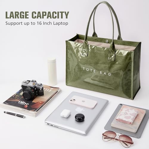 KALIDI FANCY FOREST KALIDI PVC Tote Bag Women’s Kraft Paper Work Handbags Purses with Top Handle,Dark Green - Image 3