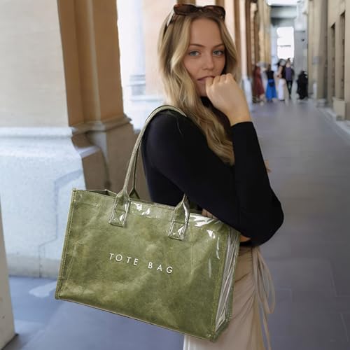 KALIDI FANCY FOREST KALIDI PVC Tote Bag Women’s Kraft Paper Work Handbags Purses with Top Handle,Dark Green - Image 5