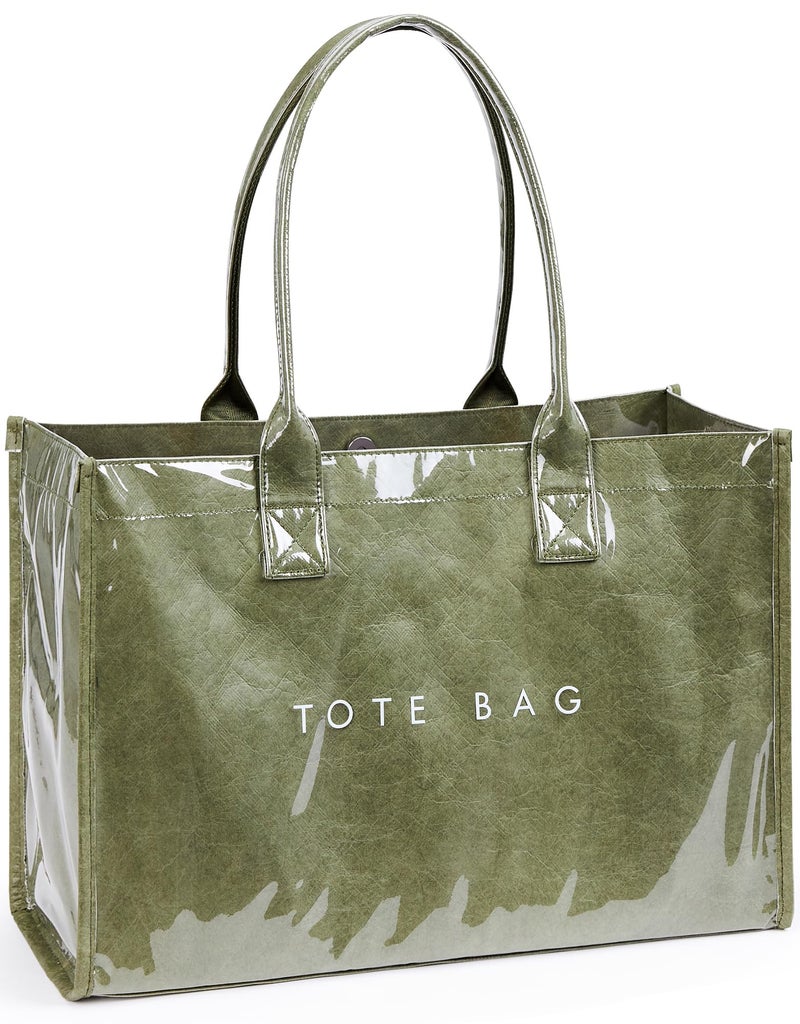KALIDI FANCY FOREST KALIDI PVC Tote Bag Women’s Kraft Paper Work Handbags Purses with Top Handle,Dark Green - Image 1