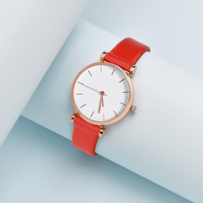 WOCCI 16mm Lug Width, Elegant Watch Band, Genuine Leather Replacement Strap with Rose Gold Buckle (Red) - Image 2