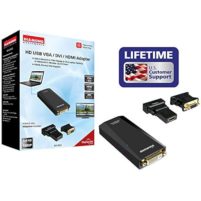 Diamond USB 2.0 TO VGA/DVI/HDMI VIDEO GRAPHICS ADAPTER UP TO 1920X1080 / 1600X1200 - WINDOWS 10, 8.1, 8, 7, XP, MAC OS AND ANDROID 5.0 AND HIGHER (BVU165LT) - Image 1