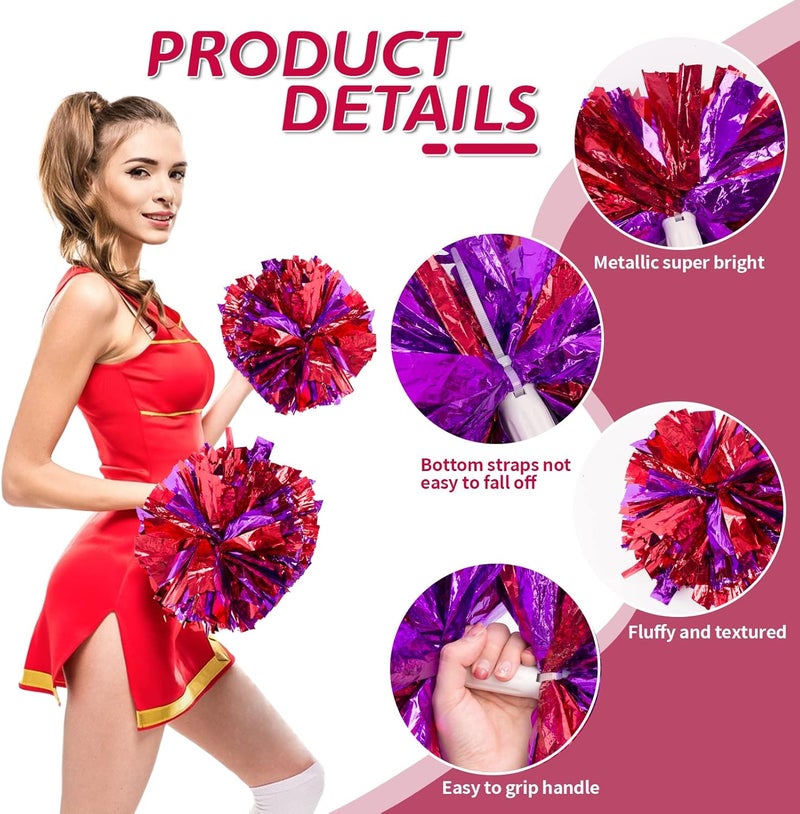 CREATIEE-PRO 4Pcs Metallic Cheerleading Pom Poms, Creatiee 2 Pair Cheerleader Cheering Squad Pompoms for School Sports Dance Games Team Spirit Cheer - Image 3