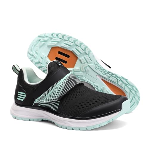 Pairobin Women's Indoor and Outdoor Cycling Shoes - Comfortable and Breathable - Compatible With SPD Cleats - Black-Green - Image 1