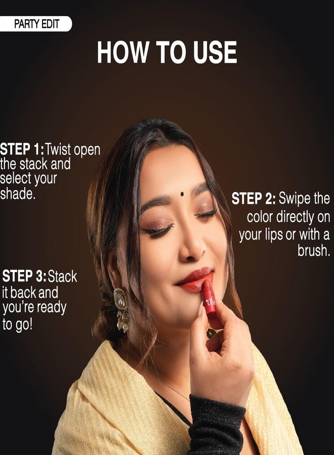 Olivia Pocket Glam Lip Color Stack 4 in1 - Party Edit | Long Lasting Lipstack with Jojoba Oil & Shea Butter | Bold Matte Shades for Women | Nourishing, Travel Friendly Lip Stack | 6g - Image 4