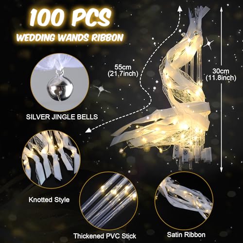 HONLYNE 100PCS Light up Wands for wedding, Wedding Wands Streamers with 3 Colorful Flashing Modes, Fairy Wands, LED Silk Fairy Wand with Bells for Wedding, New Year, Thanksgiving, Concert - Image 2