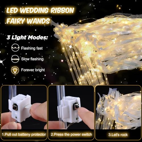 HONLYNE 100PCS Light up Wands for wedding, Wedding Wands Streamers with 3 Colorful Flashing Modes, Fairy Wands, LED Silk Fairy Wand with Bells for Wedding, New Year, Thanksgiving, Concert - Image 3