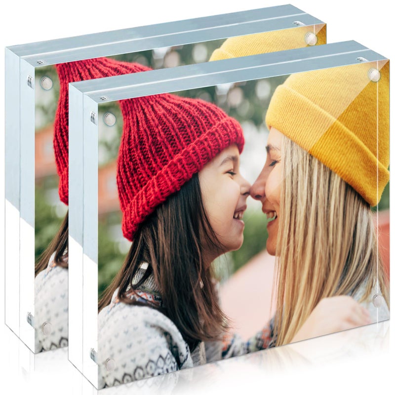 ILYXY 2 Pack Acrylic Frame 6x6  20% Thicker  24mm Thick Frameless Clear Square Picture Frame  Double Sided Magnetic Photo Frame  Free Standing Desktop Display Stand Acrylic Picture Frames - Image 1