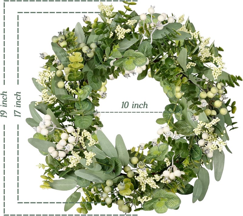 Vlorart Artificial Spring Summer Christmas Greenery Wreaths for Front Door Green Eucalyptus Leaf Wreath Decor Boxwood with Big Berries for Farmhouse Outside Year Round - Image 2
