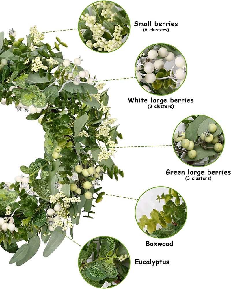 Vlorart Artificial Spring Summer Christmas Greenery Wreaths for Front Door Green Eucalyptus Leaf Wreath Decor Boxwood with Big Berries for Farmhouse Outside Year Round - Image 3