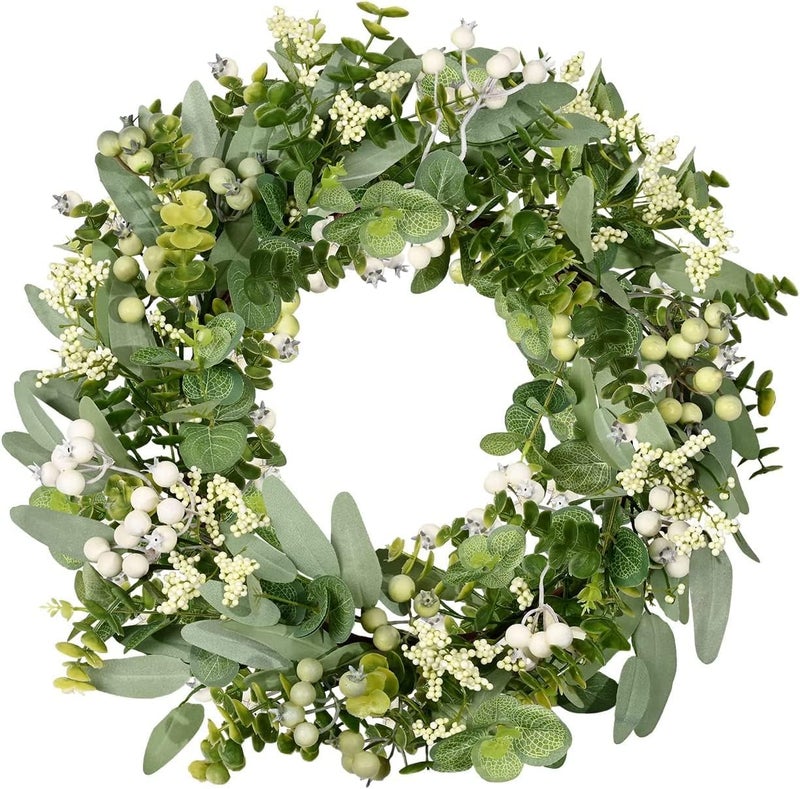 Vlorart Artificial Spring Summer Christmas Greenery Wreaths for Front Door Green Eucalyptus Leaf Wreath Decor Boxwood with Big Berries for Farmhouse Outside Year Round - Image 1