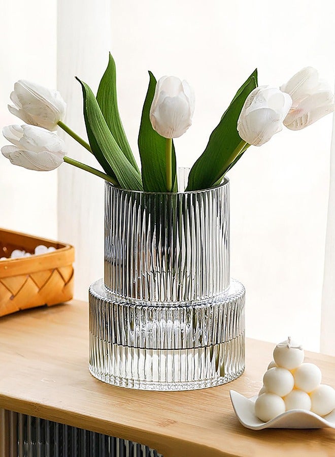 Clear Glass Vase, Ribbed Vase, Fluted Glass Vase, Flower Vase, Modern Vase for Centerpiece, Ribbed Glass Vase for Living Room, Dining Table, Entryway, Mantle, Shelf, Wedding, Office
