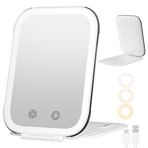 FUNTOUCH Rechargeable Travel Makeup Mirror with Lights, Light up Portable Vanity Mirror with 80 LEDs,2000mAh Battery,Brightness Adjustable,3 Lighting, Dimming Compact Mirror - Image 1