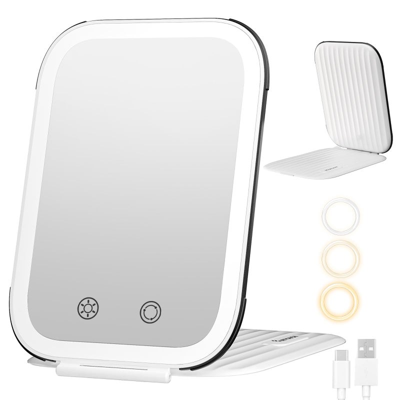 FUNTOUCH Rechargeable Travel Makeup Mirror with Lights, Light up Portable Vanity Mirror with 80 LEDs,2000mAh Battery,Brightness Adjustable,3 Lighting, Dimming Compact Mirror - Image 2