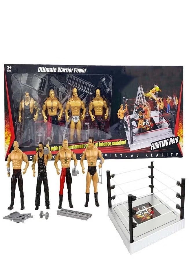 دبليو دبليو إي مجموعة شخصيات مصارعة WWE Warrior - عبوة من 4 مقاتلين مع حلبة وإكسسوارات قتال للأطفال
