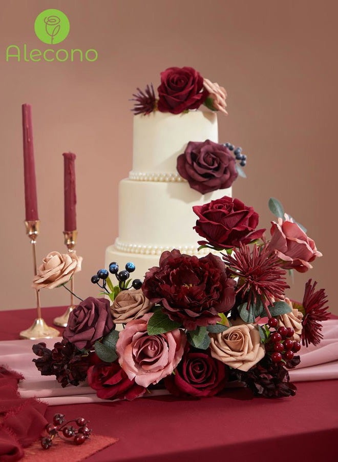 Alecono Artificial Flowers, Burgundy Silk Fake Flowers for DIY Wedding Bridal Bouquets, Red Cake Flowers for Wedding Table Centerpieces Birthday Party Home Decorations - Image 4