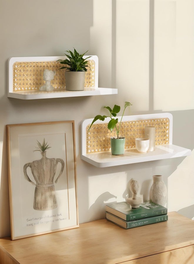 Maxpeuvon Rattan Floating Shelves, Boho Cane Webbing Wall Shelves Farmhouse Display Storage Organizer White Bookshelves Wicker Room Decor for Living Room Bedroom Entryway Hallway Bathroom, Set of 2 - Image 2