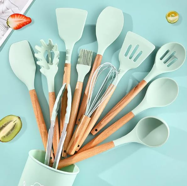 SHOPOBOX Silicone Spatula Set, Heat-Resistant Silicone Kitchenware, Kitchen Baking Cooking Utensils Sets and Supplies for Home Cooking, Spatulas for Nonstick Cookware (12pc Green) - Image 5