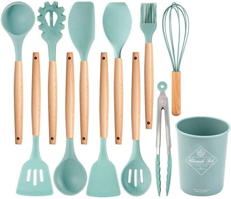 SHOPOBOX Silicone Spatula Set, Heat-Resistant Silicone Kitchenware, Kitchen Baking Cooking Utensils Sets and Supplies for Home Cooking, Spatulas for Nonstick Cookware (12pc Green) - Image 1