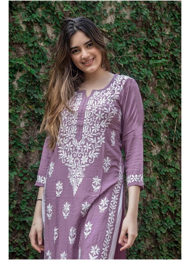 آني ديزاينر - قميص كورتا شيكانكاري مستقيم مطرز من مزيج القطن للنساء من ANNI DESIGNER (Victoria Purple_L_Purple_Large) - Image 1