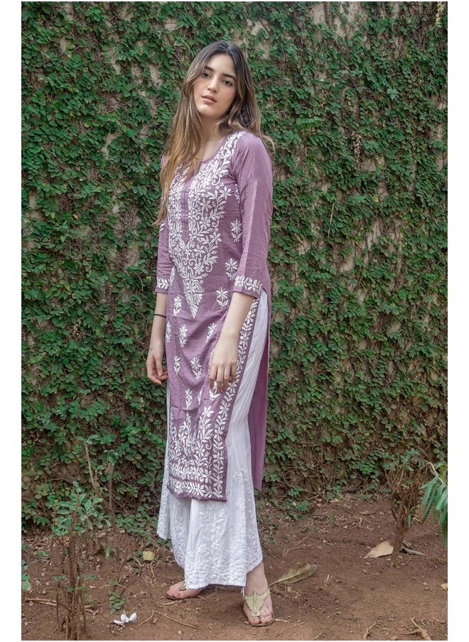 آني ديزاينر - قميص كورتا شيكانكاري مستقيم مطرز من مزيج القطن للنساء من ANNI DESIGNER (Victoria Purple_L_Purple_Large) - Image 1