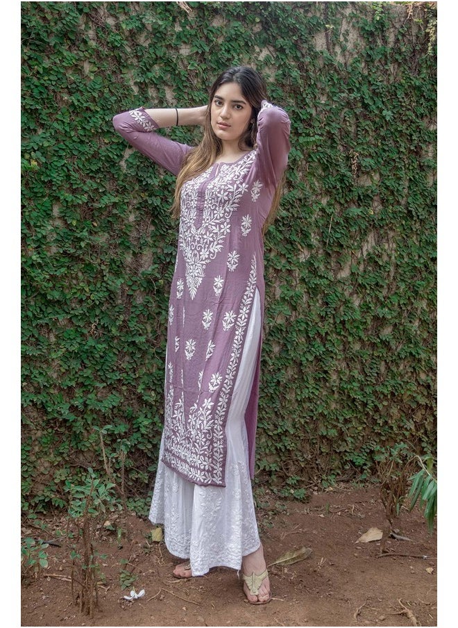 آني ديزاينر - قميص كورتا شيكانكاري مستقيم مطرز من مزيج القطن للنساء من ANNI DESIGNER (Victoria Purple_L_Purple_Large) - Image 1