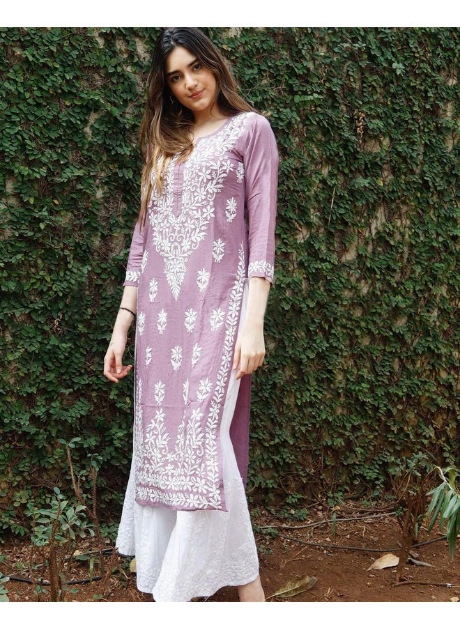 آني ديزاينر - قميص كورتا شيكانكاري مستقيم مطرز من مزيج القطن للنساء من ANNI DESIGNER (Victoria Purple_L_Purple_Large) - Image 1