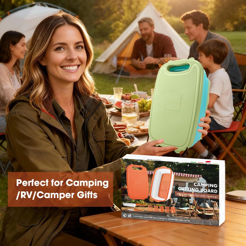 Gintan Camping Cutting Board, 9-in-1 Collapsible Chopping Board with Colander, Kitchen Vegetable Washing Basket for Camping, Camping Gifts Camping essentials for RV Campers (Blue Green) - Image 2