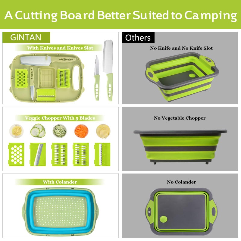 Gintan Camping Cutting Board, 9-in-1 Collapsible Chopping Board with Colander, Kitchen Vegetable Washing Basket for Camping, Camping Gifts Camping essentials for RV Campers (Blue Green) - Image 3
