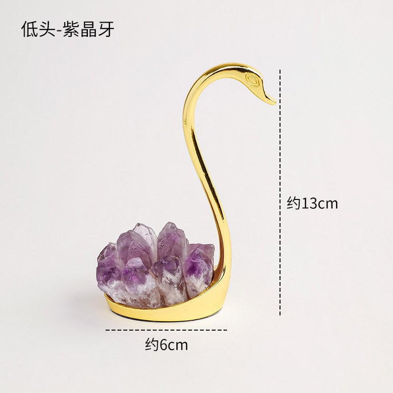 Runyangshi Natural Crystal Swan Ornament with Electroplated Black Tourmaline, Blue Feathers, and Purple-Yellow Quartz - Perfect Wedding Gift - Image 1