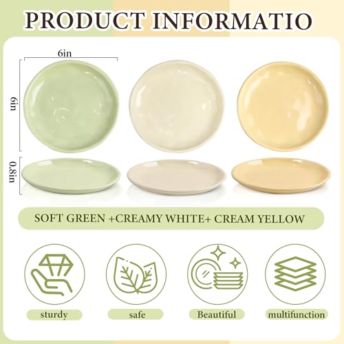 Lengba 6 Inch Ceramic Salad Plates, Set of 6 - Small Appetizer & Dessert Plates for Portion Control, Microwave & Dishwasher Safe, Chip-Resistant (Soft Green, Cream Yellow, Creamy White (6) - Image 4