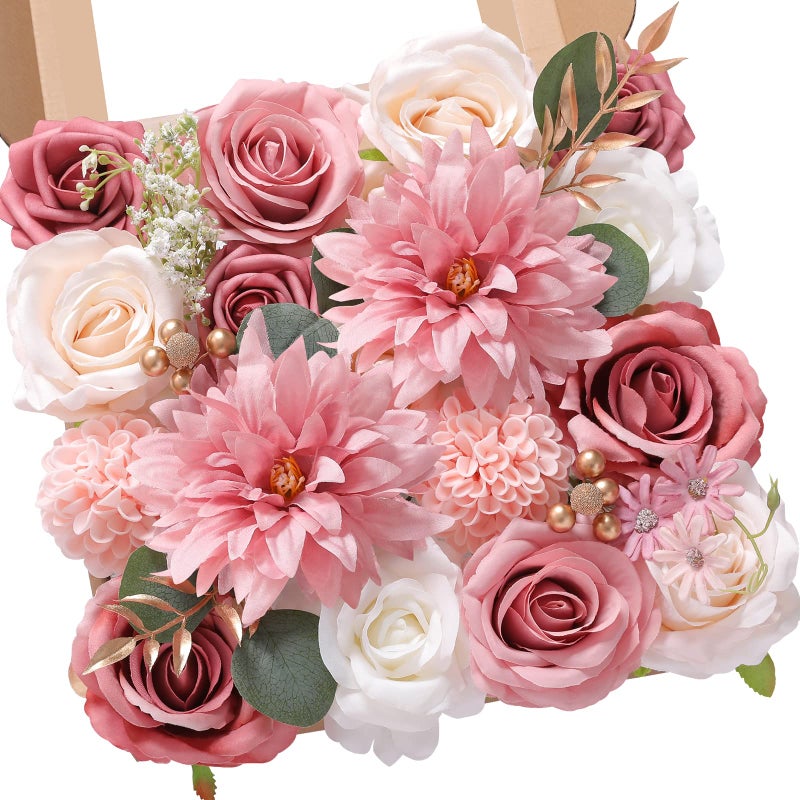 Serwalin Artificial Flowers Wedding Pink Flowers Silk Fake Dahlia Cake Flowers for Wedding Bouquets Table Centerpieces Birthday Party Bridal Baby Shower Home Decorations