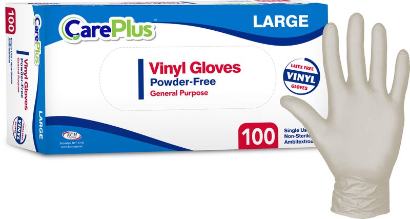 CARE PLUS Latex-Free Vinyl Gloves Clear Large Size 100 Count | Heavy Duty, Non-Sterile, Powder-Free, Rubber | Food Prep, Kitchen & Cleaning Gloves, Ideal for Professional Use - Image 1