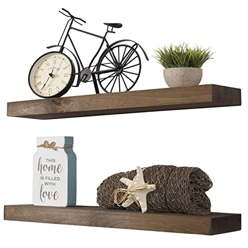 ODEJIA Floating Shelves Wall Mounted Set of 2 Rustic Wood Wall Shelves Storage Shelves for Bedroom Living Room Bathroom Kitchen Office and More Natural Color - Image 3