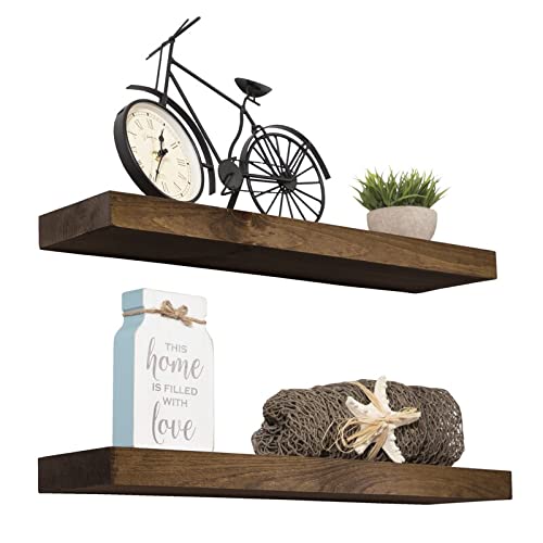 ODEJIA Floating Shelves Wall Mounted Set of 2 Rustic Wood Wall Shelves Storage Shelves for Bedroom Living Room Bathroom Kitchen Office and More Natural Color - Image 4