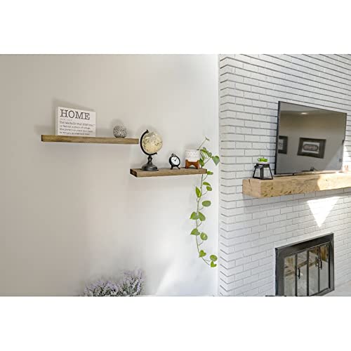 ODEJIA Floating Shelves Wall Mounted Set of 2 Rustic Wood Wall Shelves Storage Shelves for Bedroom Living Room Bathroom Kitchen Office and More Natural Color - Image 2