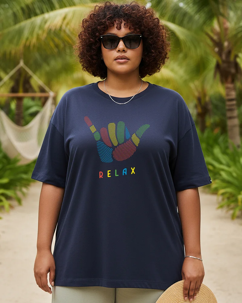 bewakoof Women's Navy Blue Hang Loose Relax Graphic Printed Oversized Plus Size T-shirt