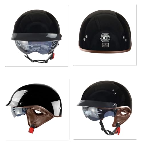 SanQing Motorcycle Half Helmet with Retractable Inner Sun Shade Quick Release Buckle DOT Approved Half Face Cycling Helmets for Men Women Adult(Glossy Black,X-Large) - Image 2