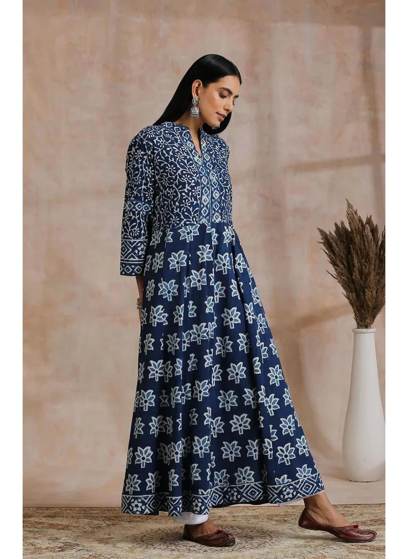 زيري سوق Indigo & White Hand Block Printed A-Line Kurta