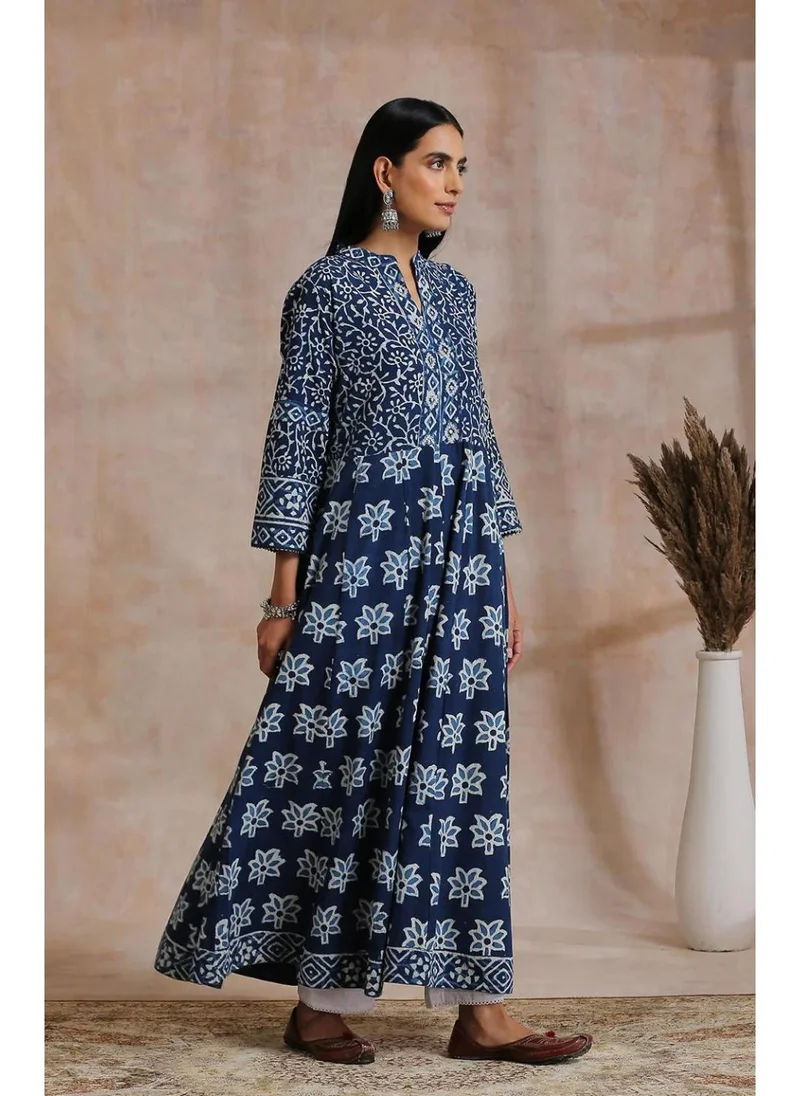 زيري سوق Indigo & White Hand Block Printed A-Line Kurta