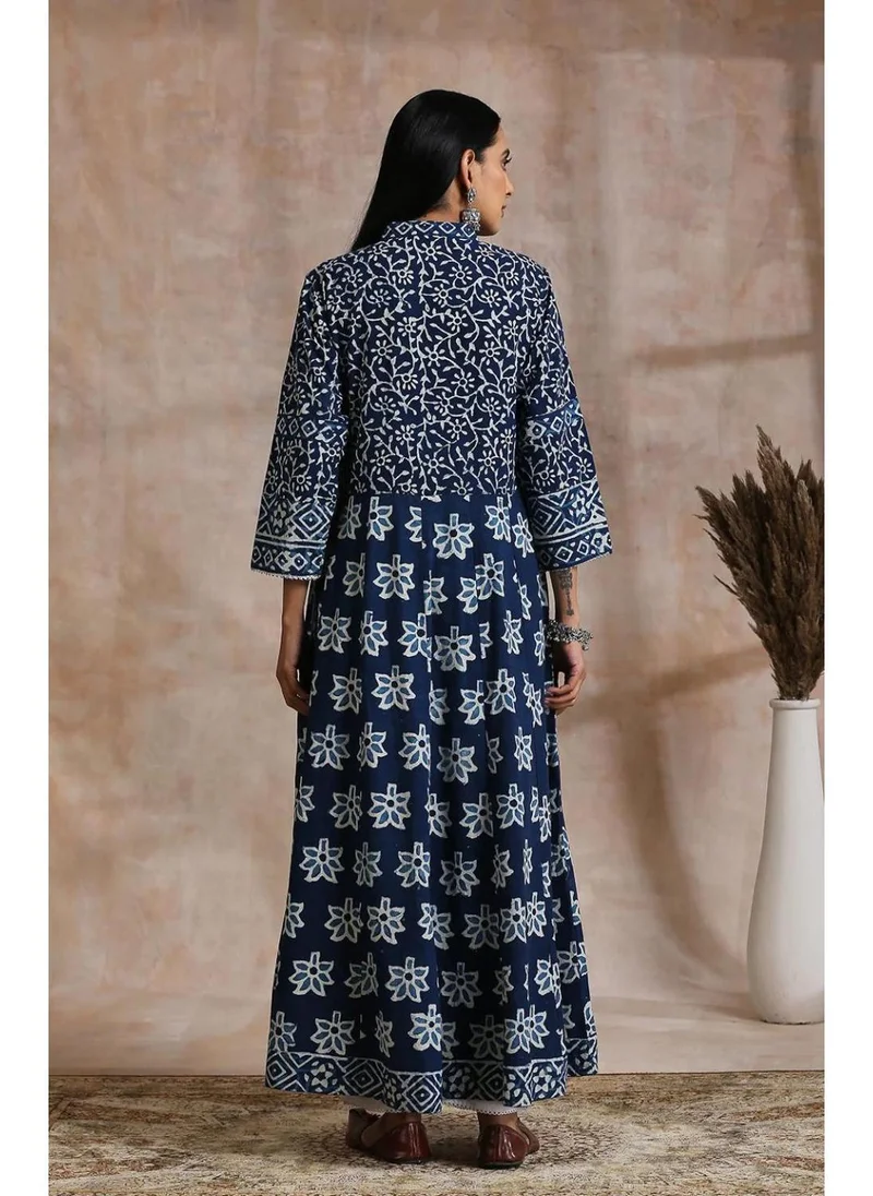 زيري سوق Indigo & White Hand Block Printed A-Line Kurta