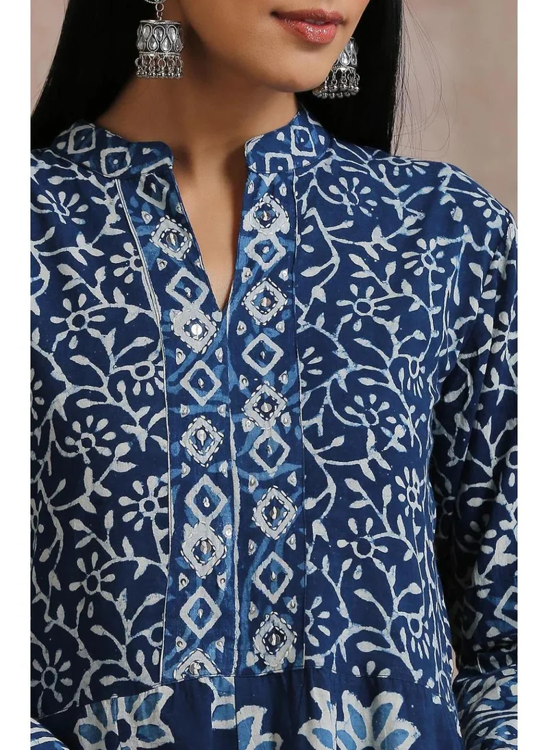 ZERESOUQ Indigo & White Hand Block Printed A-Line Kurta