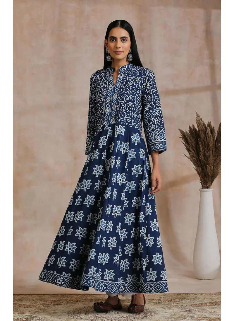 ZERESOUQ Indigo & White Hand Block Printed A-Line Kurta