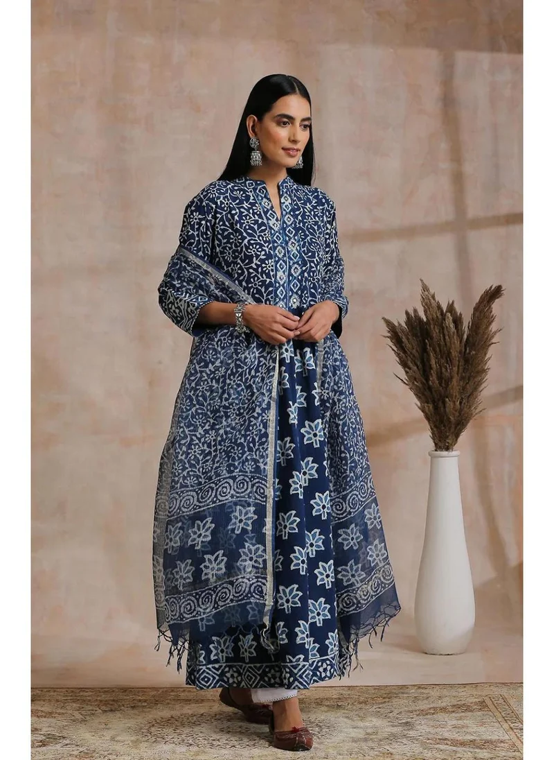 زيري سوق Indigo & White Hand Block Printed A-Line Kurta