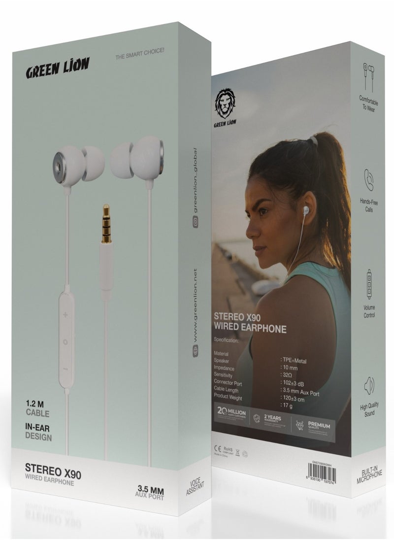 GREEN LION - Wired Earphone Stereo X90 with 3.5 mm Aux Connector 1.2m/ In-Ear Design / Volume Control / Hands-Free Calls / Built-in Microphone - White - Image 1